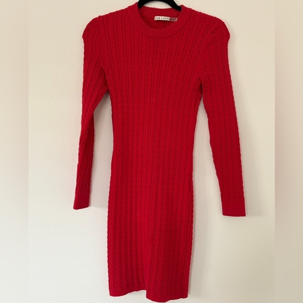 Alice + Olivia Yuna Cable Knit Mini Dress Bright Poppy Long Sleeve - Picture 2 of 10